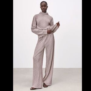 Zara 2 Piece Beige Jacquard Top & Pants Co Ord Set Size S